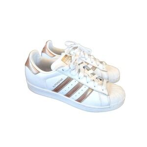 Adidas Superstar Womens White Rose Gold Metallic Shell Toe Sneakers 6.5
